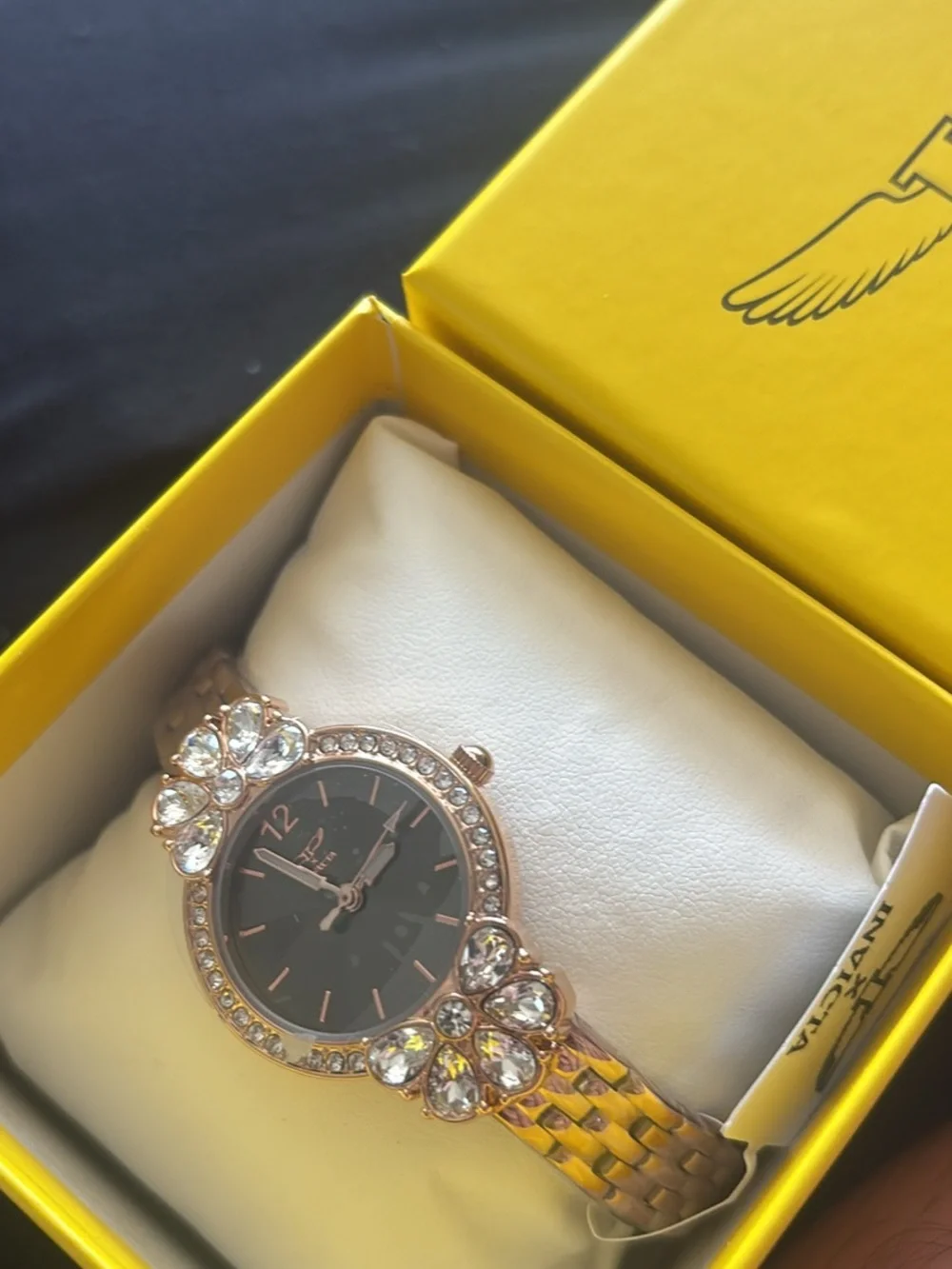 Invicta Rose Gold Crystal Floral Bracelet Watch with Black Dial